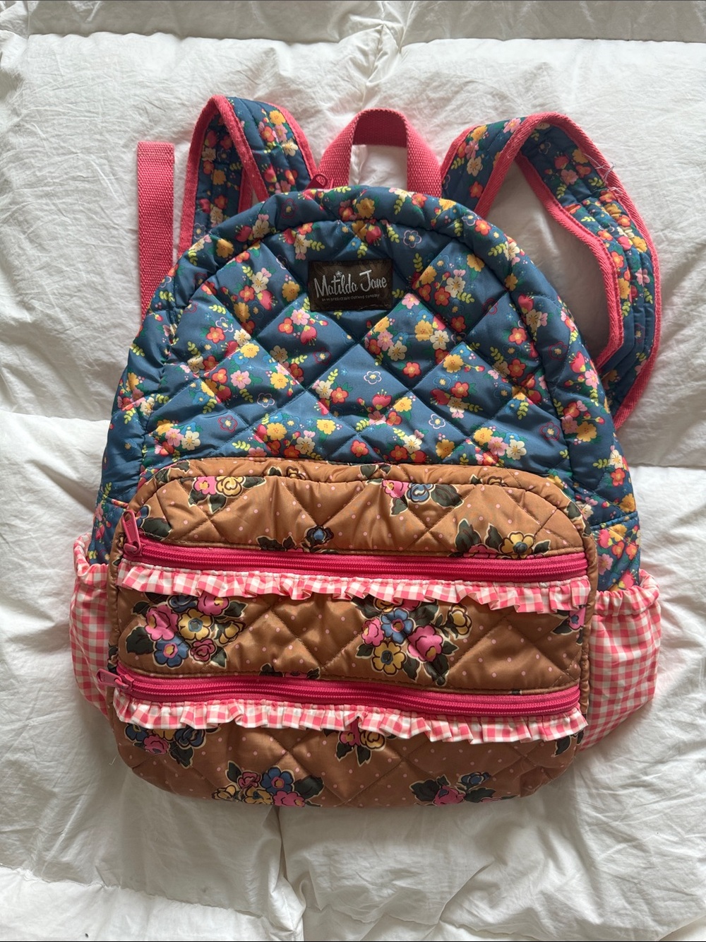 Matilda Jane Quilted Floral Kids Backpack - Blue, Brown & Pink